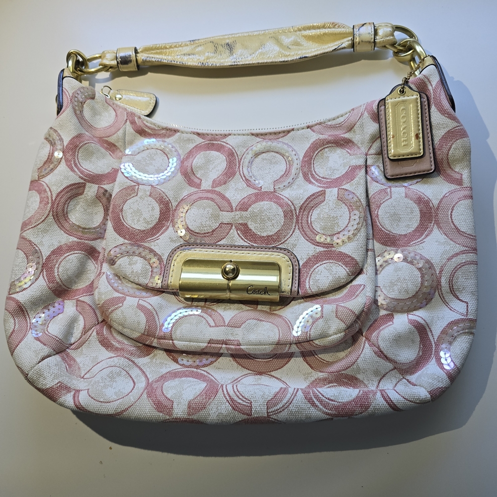 Coach Pink and Cream Signature Shoulder Bag with Gold Hardware